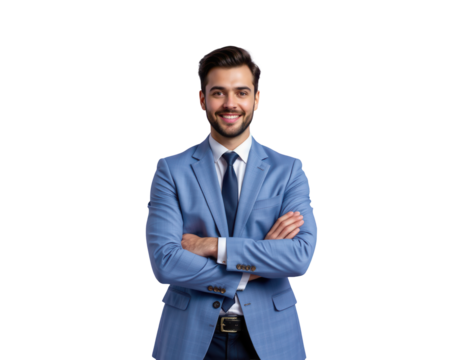 Confident Businessman in Blue Suit Posing with Crossed Arms