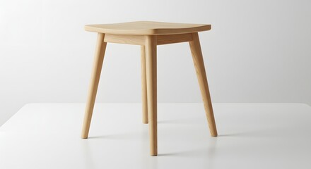A minimalist light wood stool with three tapered legs stands on a white surface against a soft grey background, showcasing simple furniture design.