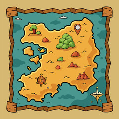 Old paper treasure hunt map for kids and games. Cartoon vector illustration.