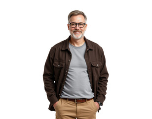 Smiling Middle-Aged Man with Glasses in Casual Outfit on Transparent background
