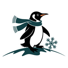 penguin wearing a scarf in winter with a snowflake beside it