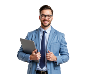 Smiling Businessman in Blue Suit Holding Laptop with Confidence