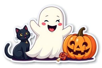 Obraz premium Cartoon Ghost Smiling with Black Cat and Carved Pumpkin for Halloween