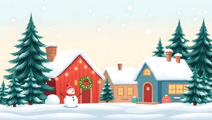 Fototapeta premium Cozy Winter Village Scene Snow-Covered Houses and Christmas Cheer
