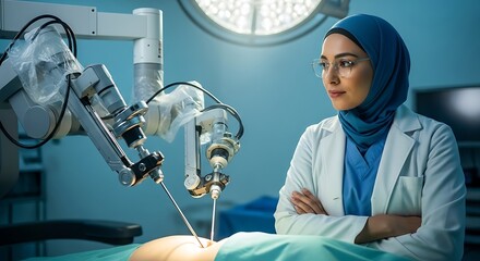 A female surgeon wearing a hijab and lab coat, with her arms crossed, observing a robotic surgical system performing a procedure on a patient in an operating room.