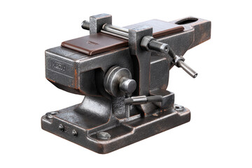 Industrial metal press with a dark patina.  Heavy-duty machine with adjustable clamping mechanism.  Complex  components show precision engineering