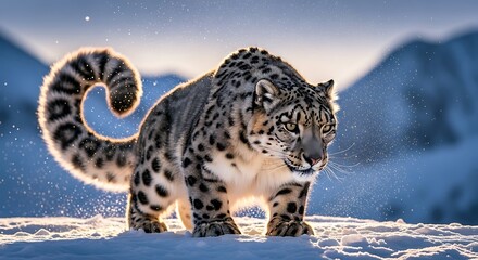 Obraz premium A majestic snow leopard with a thick, bushy tail walks through a snowy mountain landscape at sunrise.
