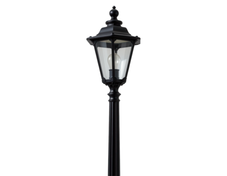 Elegant Black Street Lamp with Glass Shade on Transparent background