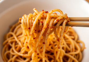 Close up of spicy noodles being lifted with chopsticks from a bowl