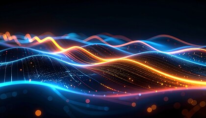 Abstract wavy lines, luminous in blue and orange hues, depicting data streams across a dark background