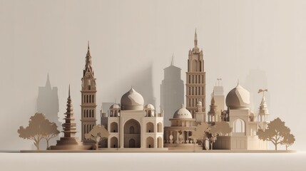 Obraz premium Beige Skyline Features Miniature Architectural Landmarks, Including the Taj Mahal and Various Towers, Set Against a Neutral Backdrop