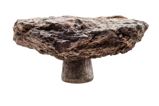 Isolated, weathered, stone,  flat-topped,  fungus-like object.  Rough, uneven texture.  Dark-brown,  light-brown hues.  Rounded, thick base