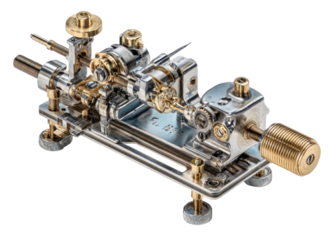 Precisely engineered miniature machine, intricate gears and components, meticulously crafted