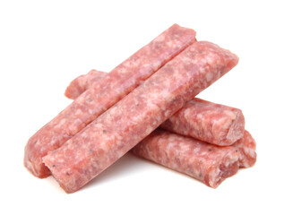 Raw meat sausages isolated on white background 