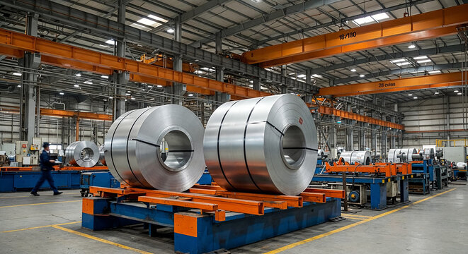 Factory interior with large metal rolls on industrial platform, worker blurred in background