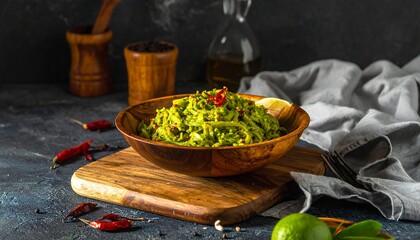 Wooden bowl of vibrant green guacamole pasta dish, garnished with chili peppers and lime
