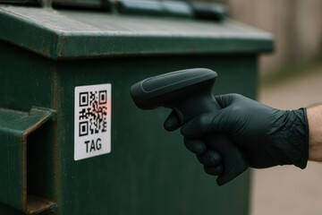 QR Code Scan: A close-up shot captures the moment of scanning a QR code label on a green bin, the scanner held by a gloved hand. This symbolizes digital tracking.