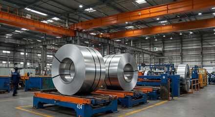 Fototapeta premium Factory interior with large metal rolls on industrial platform, worker blurred in background