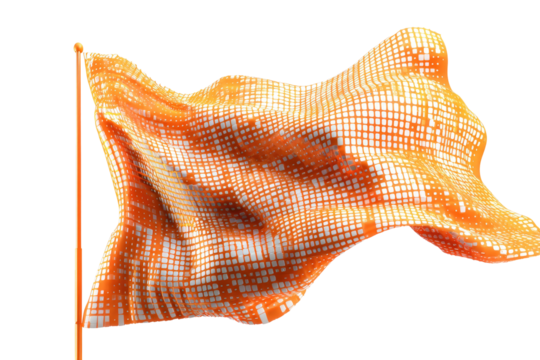 A digitally rendered flag, orange and white, with a textured grid pattern, billowing in the wind