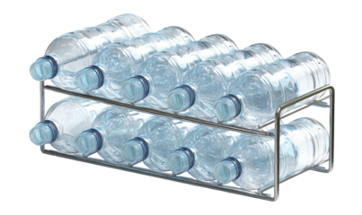 Metal rack holds twelve clear plastic water bottles in two tiers