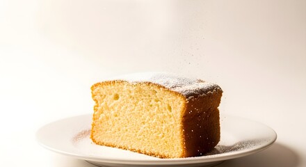 A single slice of golden, moist sponge cake with a dusting of powdered sugar on top sits on a white plate against a soft, light background, highlighting its texture and simplicity.