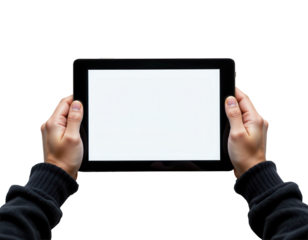 Hands Holding a Blank Tablet with White Screen Ready for Display