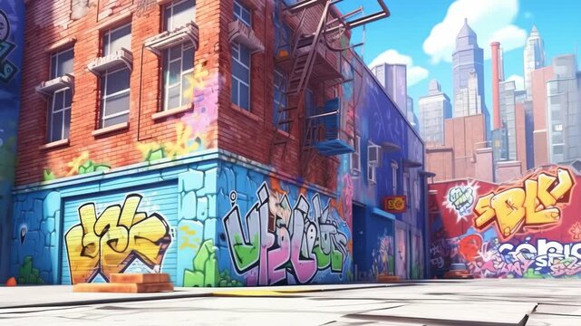 Vibrant urban graffiti scene captured from a low-angle, showcasing colorful street art on brick buildings, ideal for a dynamic cityscape video. Live desktop wallpaper.