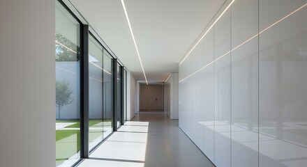 Sleek modern hallway with minimalist design emphasizing natural light and clean architectural lines