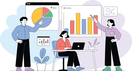 Business team analyzing financial data charts and graphs in modern office workspace illustration