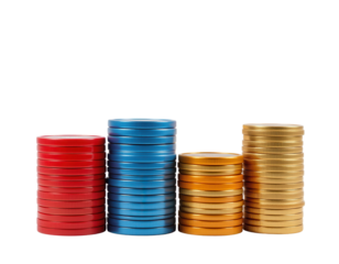 Colorful Stacks of Coins in Red, Blue, and Gold Against Transparent background