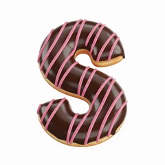 A delicious chocolate donut shaped like the letter s, decorated with pink icing stripes, isolated on white background