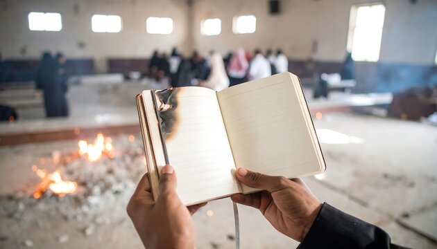 Person Holding Burnt Notebook Near Fire with People in Background