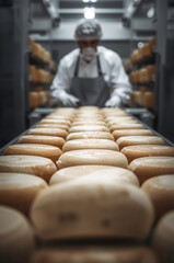 worker in special clothing, cheese heads at a factory, product quality control
