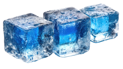 Three vibrant blue ice cubes, slightly transparent, showing water droplets and frosty texture