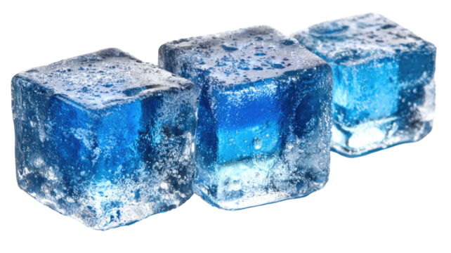 Three vibrant blue ice cubes, slightly transparent, showing water droplets and frosty texture