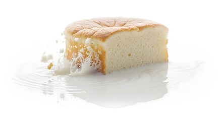 A soft, moist slice of white sponge cake resting on a clear plate, showcasing its light and fluffy texture with crumbs gently falling around, capturing the essence of a delicate dessert.
