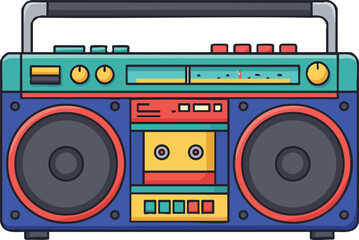 Fototapeta premium Retro boombox cassette player with colorful buttons and speakers vector illustration