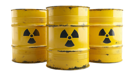 Radioactive waste yellow barrels with radioactive symbol isolated on white and transparent background, cut out png