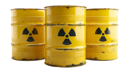 Radioactive waste yellow barrels with radioactive symbol isolated on white and transparent background, cut out png