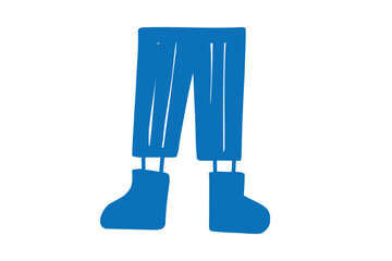 Blue cartoon legs with boots on white background drawing. Boots illustration, fashion design.