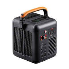 Fototapeta premium Portable, black power cube with orange handle. Compact, square device with audio and power ports