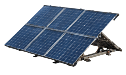 Portable solar panel array on a metal stand.  Adjustable angle