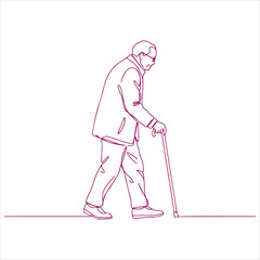 Line Art Depiction of Elderly Gentleman Walking with Cane Minimalist Illustration Portraying Senior Independence and Mobility Aid Use