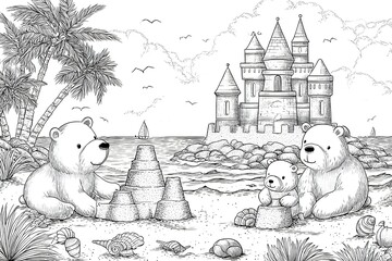 Cute black and white outline of bears relaxing under beach umbrellas, with sand, waves, and small beach toys in the background, kids coloring page design.