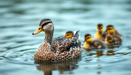 Female mallard duck swimming with ducklings on calm water