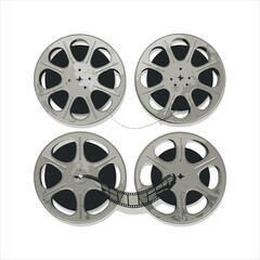 Vintage Film Reels Connected by Filmstrip Creating a Nostalgic Movie Theme on Clean White Background