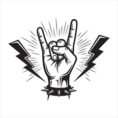 Monochrome Rock On Hand Sign with Spiked Wristband and Lightning Bolts Emanating with Rock and Roll Energy and Rebel Attitude