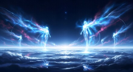 Ethereal beings of light ascend from a misty, cloudcovered landscape under a starry night sky, radiating cosmic energy