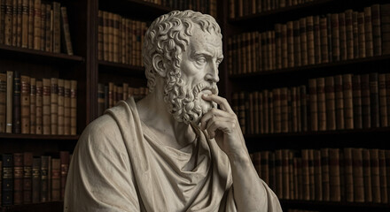 Marble statue of an elderly man in a library, exuding classical elegance