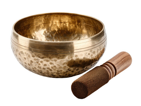 Golden singing bowl with wooden mallet